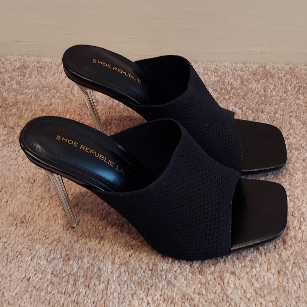 Shoe Republic LA Black Woven High Heel Mules with Clear Heel NWT